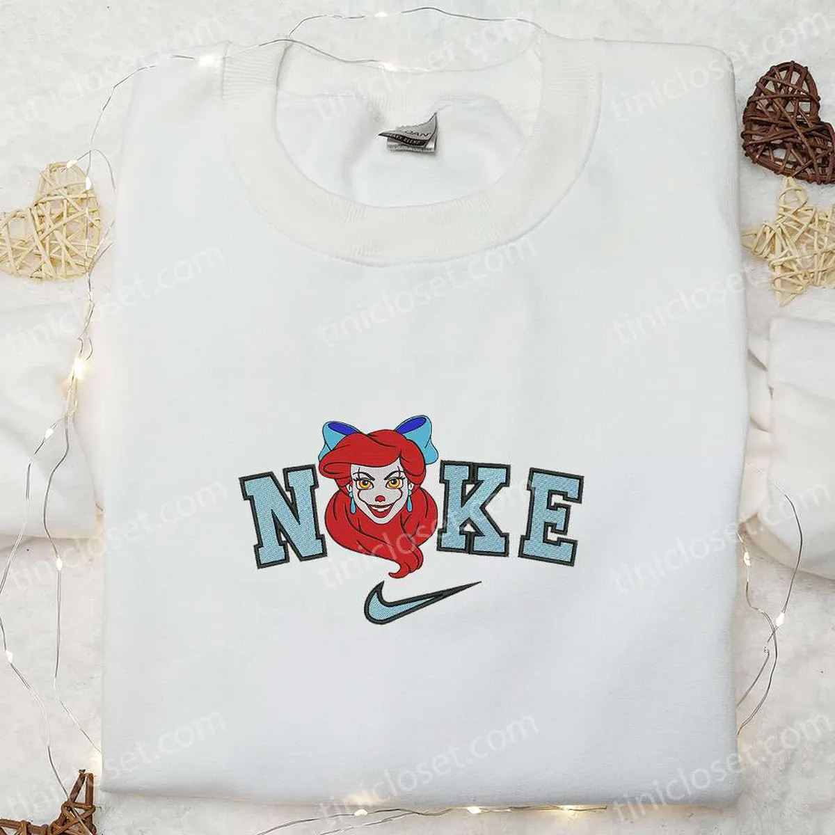 Nike x Ariel Pennywise Embroidered Shirt, Halloween Embroidered Shirt, Disney Cartoon Embroidered Shirt, Nike Inspired Embroidered Shirt