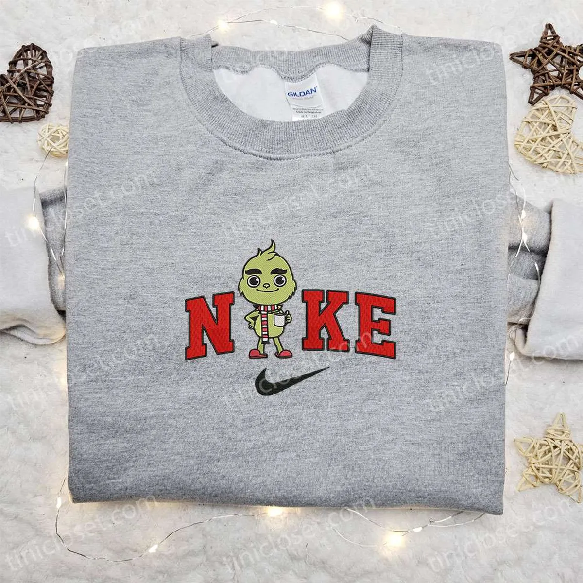 Nike x Baby Grinch Coffee Cup Embroidered Sweatshirt, Movie Christmas Embroidered Shirt, Best Christmas Gift Ideas