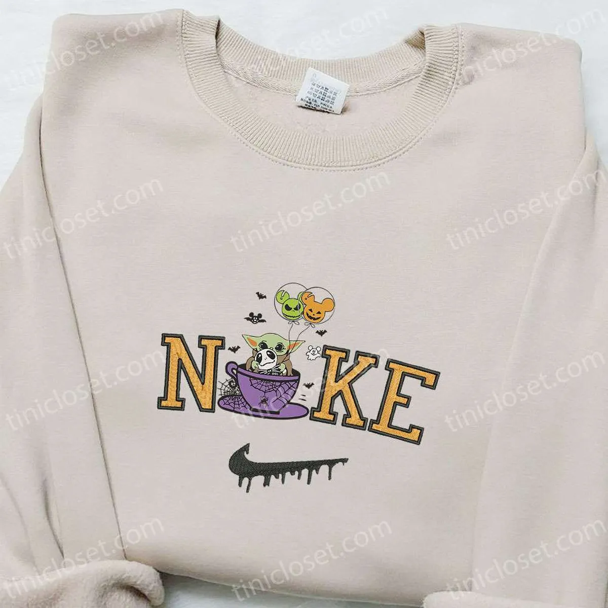 Nike x Baby Yoda Coffee Cup Embroidered Sweatshirt, Halloween Embroidered Shirt, Best Halloween Gift Ideas