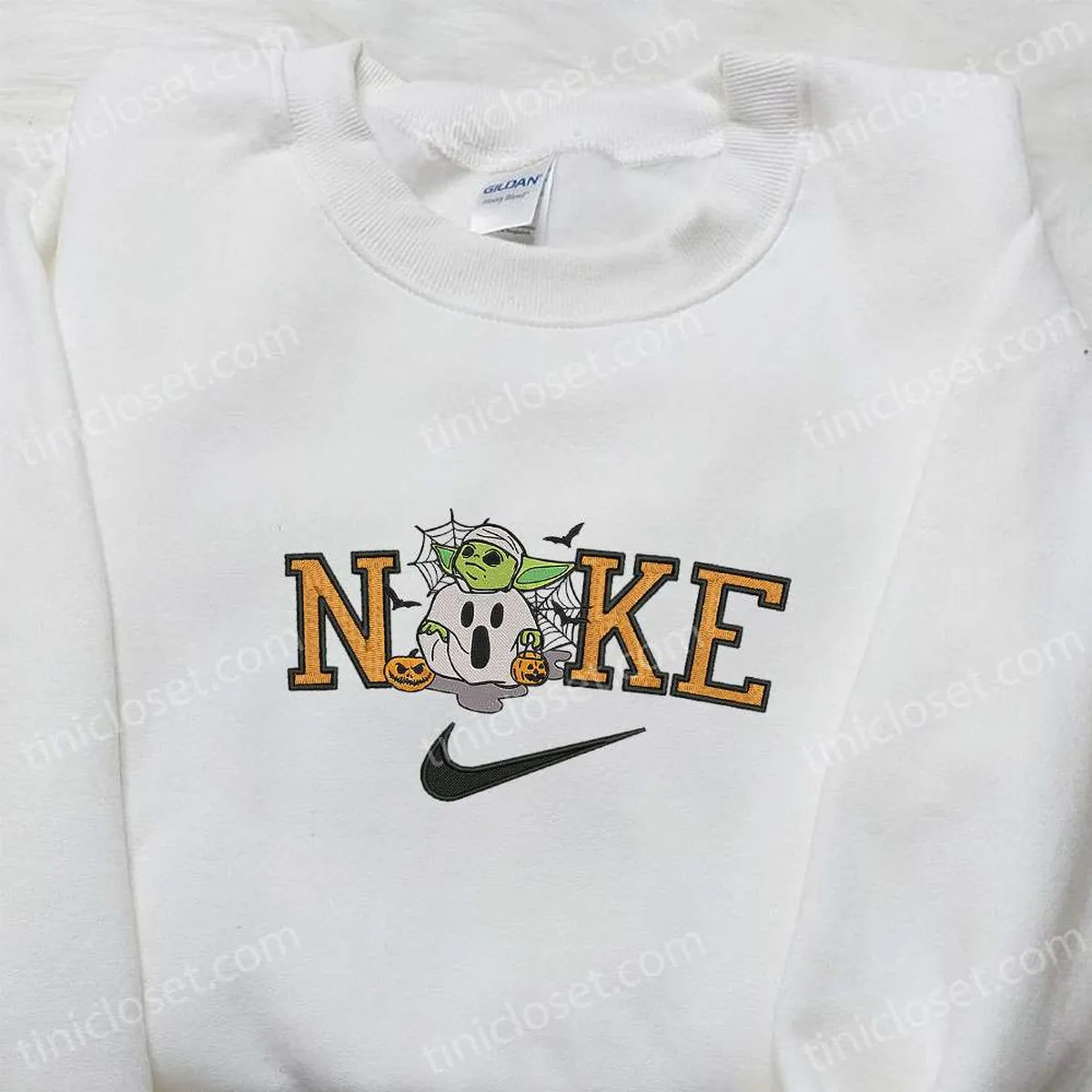 Nike x Baby Yoda Halloween Pumpkin Embroidered Shirt, Halloween Embroidered Shirt, Nike Inspired Embroidered Shirt