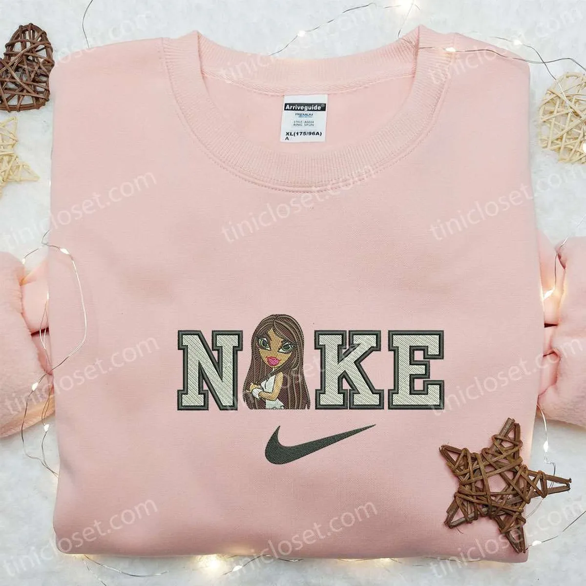 Nike x Bratz Fashion Embroidered Sweatshirt, Cartoon Embroidered Shirt, Nike Inspired Embroidered T-shirt