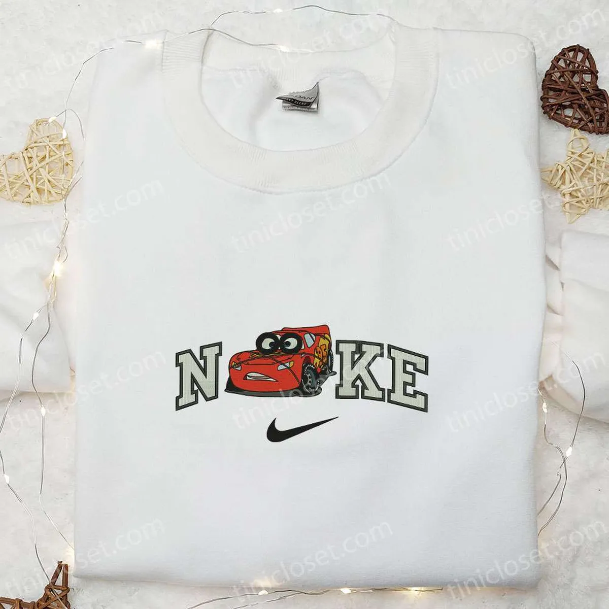 Nike x Cars Lightning McQueen Embroidered Sweatshirt, Disney Pixar Cars Embroidered Hoodie, Custom Nike Embroidered T-shirt