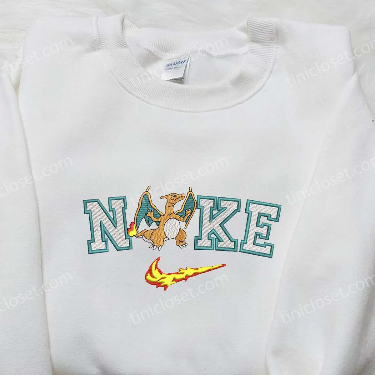 Nike x Charizard Embroidered Shirt, Pokemon Embroidered Shirt, Custom Nike Embroidered Shirt