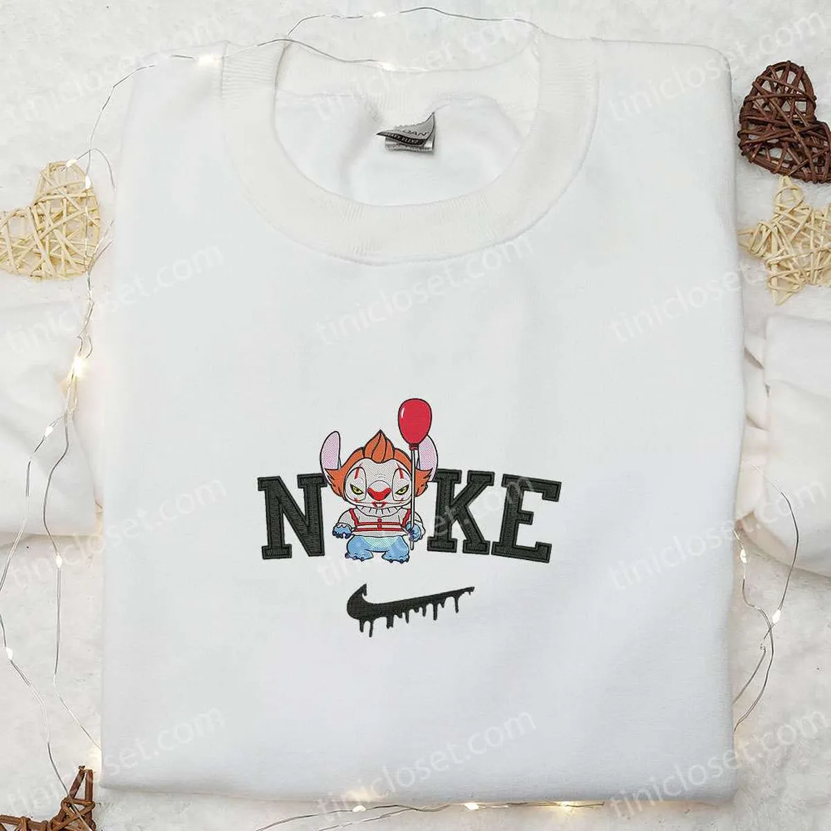 Nike x Chibi Pennywise Stitch Balloon Embroidered Shirt, Disney Halloween Embroidered Hoodie, Best Gifts for Halloween Lovers