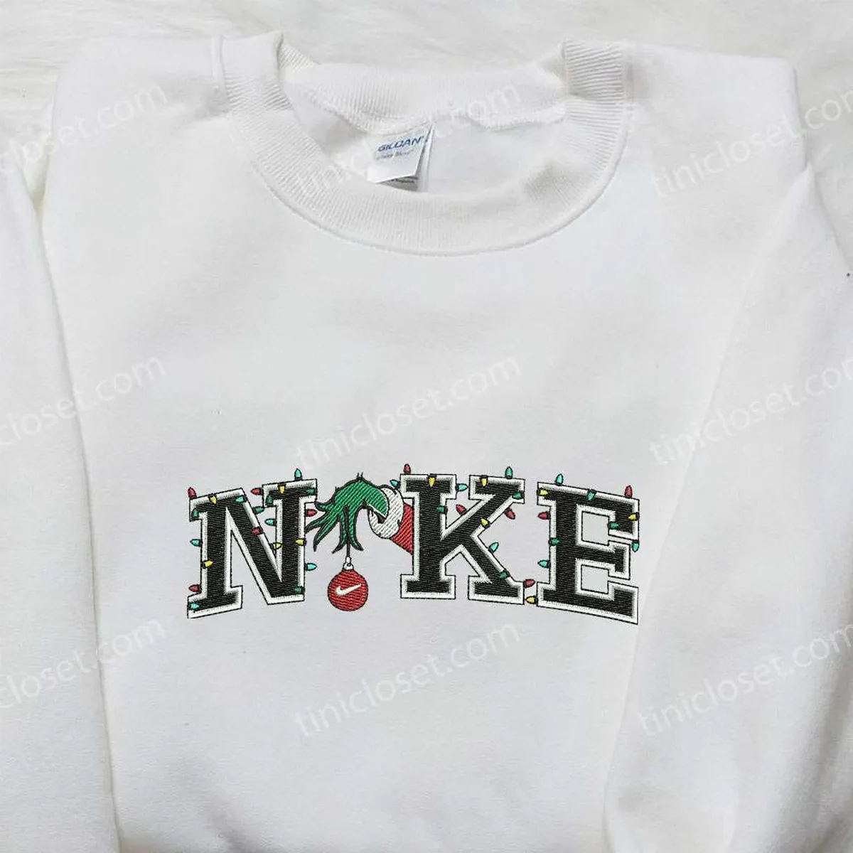 Nike x Christmas Grinch Hand Embroidered Shirt, Custom Nike Embroidered Shirt, Christmas Gift for Family