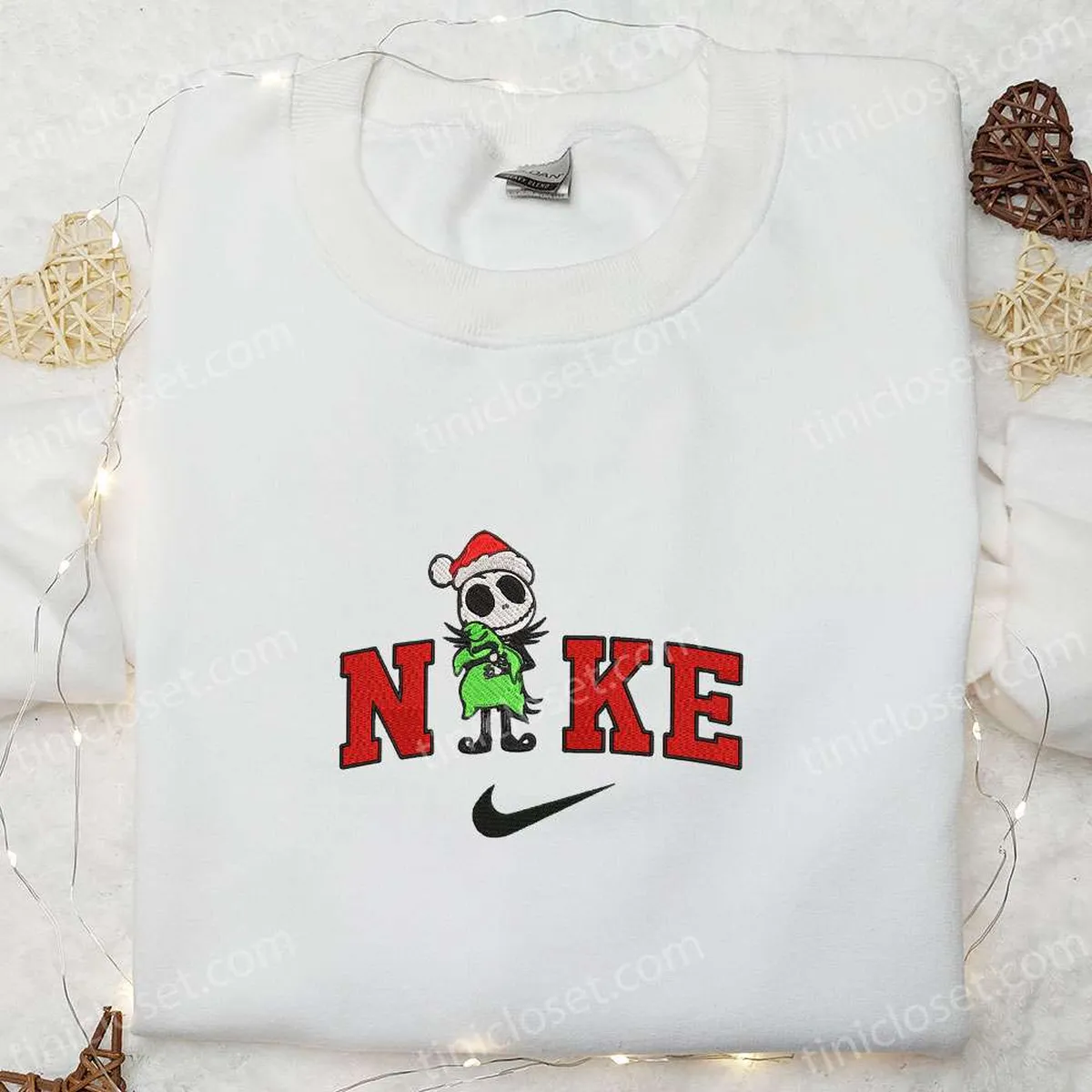 Nike x Christmas Jack Skellington Hugs Oogie Boogie Embroidered Sweatshirt, The Nightmare Before Christmas Embroidered Hoodie, Nike Inspired Embroidered T-shirt