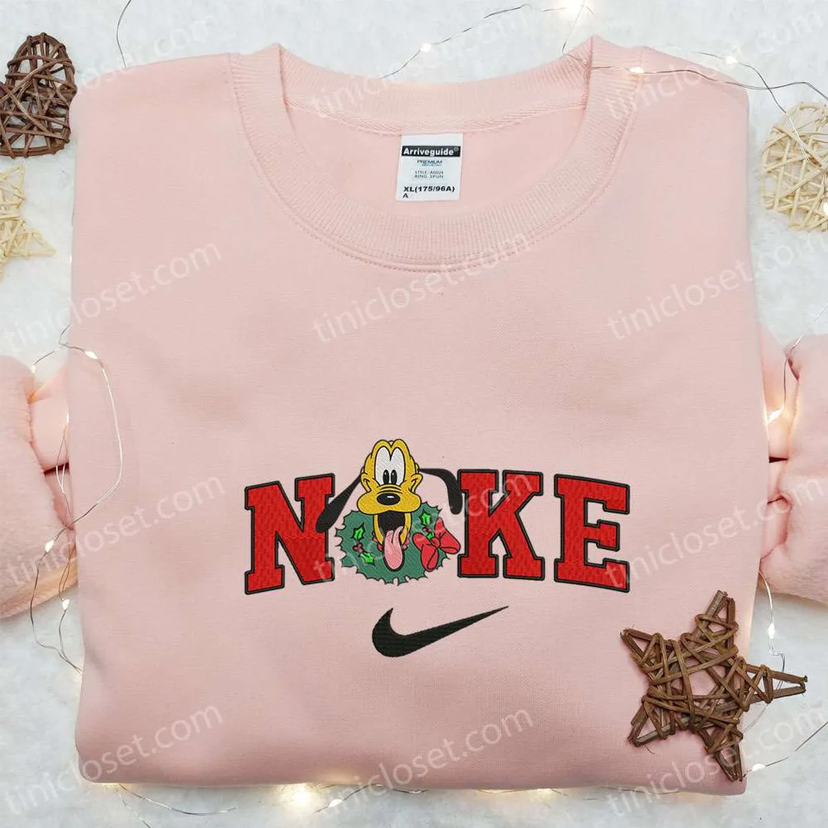 Nike x Christmas Laurel Wreath Pluto Dog Embroidered Sweatshirt, Custom Nike Embroidered Shirt, Disney Embroidered Hoodie