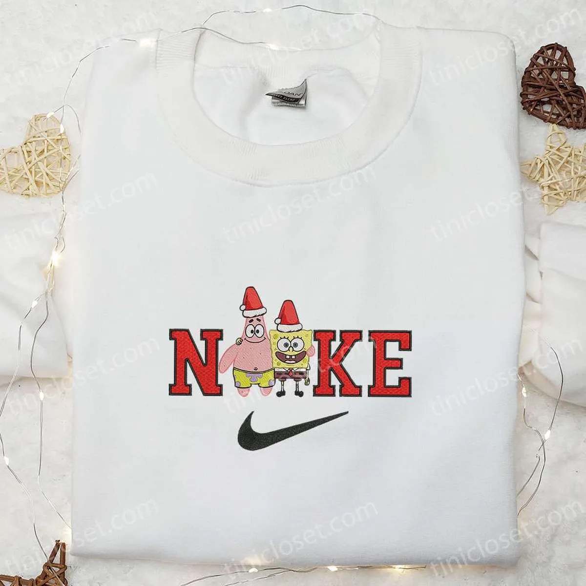 Nike x Christmas Patrick Star and Spongebob Embroidered Shirt, Custom Nike Embroidered Hoodie, Cartoon Characters Embroidered T-shirt