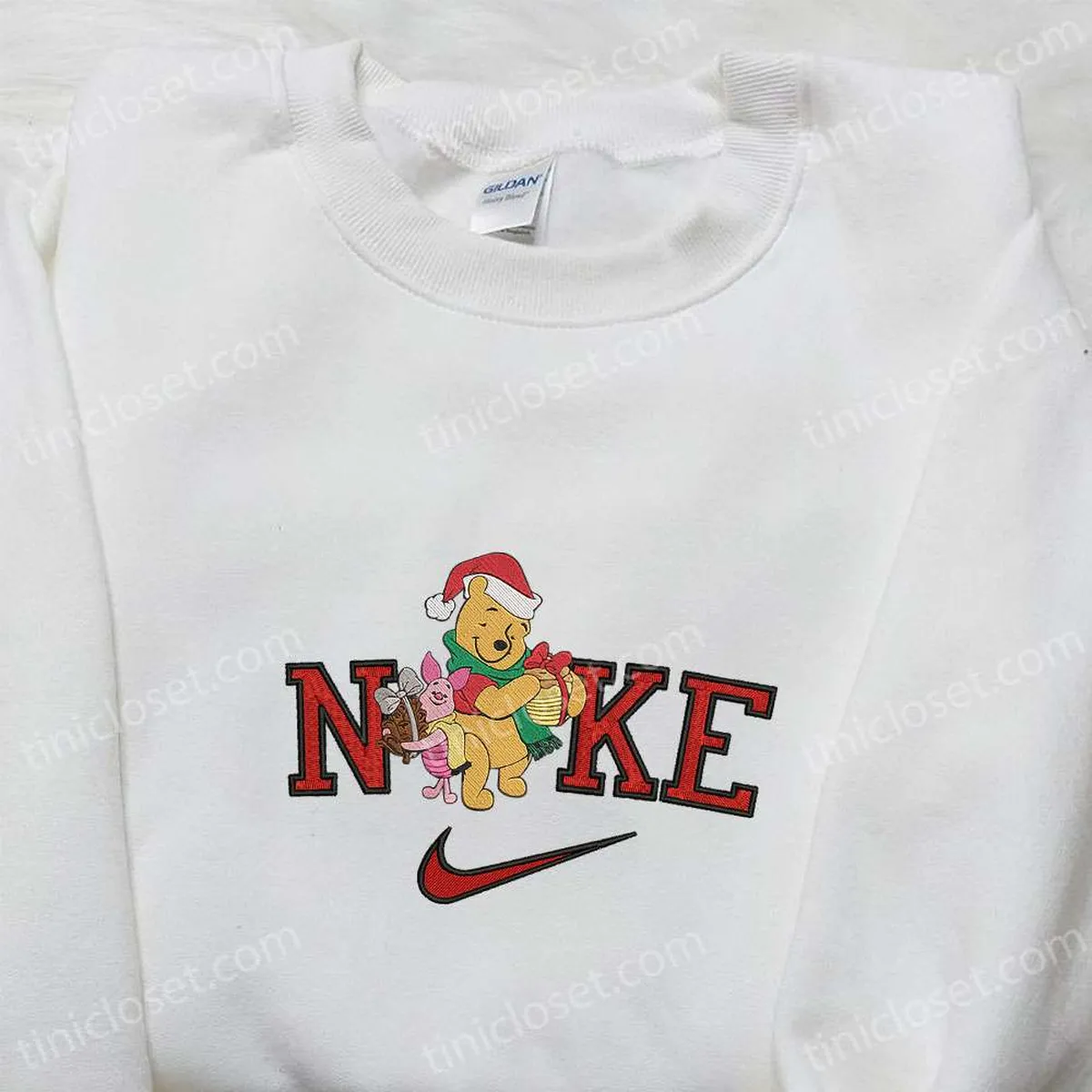 Nike x Christmas Pooh and Piglet Embroidered Hoodie, Disney Characters Embroidered Sweatshirt, Nike Inspired Embroidered Shirt