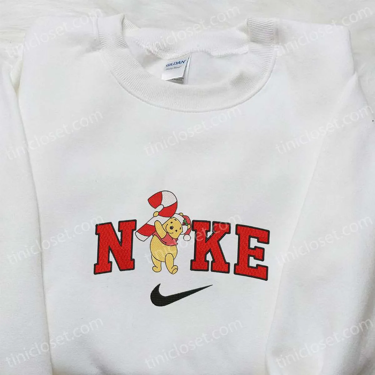 Nike x Christmas Pooh Embroidered Hoodie, Disney Characters Embroidered Sweatshirt, Nike Inspired Embroidered Shirt