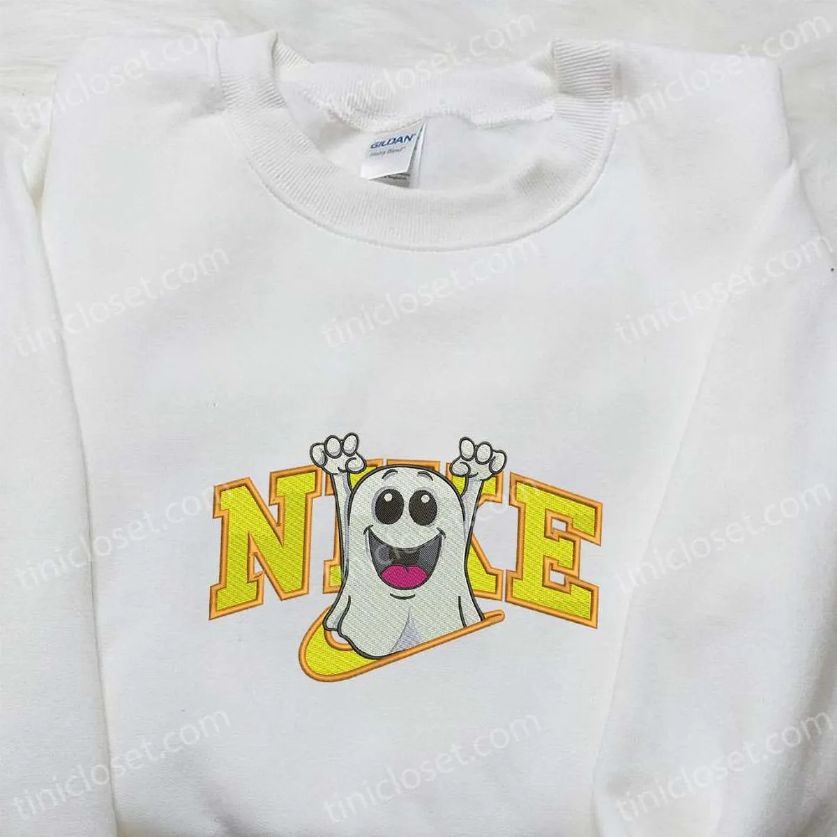 Nike x Funny Chibi Ghost Embroidered Sweatshirt, Spooky Embroidered Hoodie, Nike Inspired Embroidered T-shirt