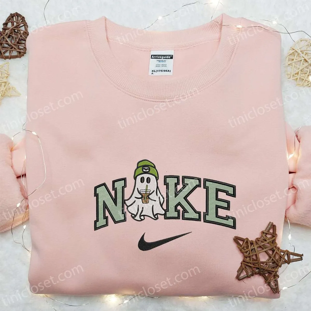 Nike x Ghost Drinking Iced Coffee Embroidered Sweatshirt, Spooky Funny Embroidered Hoodie, Nike Inspired Embroidered T-shirt