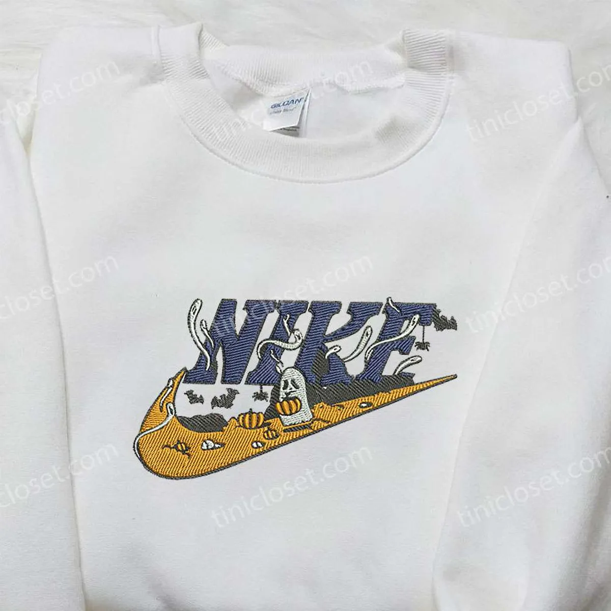 Nike x Ghost Embroidered Shirt, Halloween Embroidered Shirt, Custom Nike Embroidered Shirt