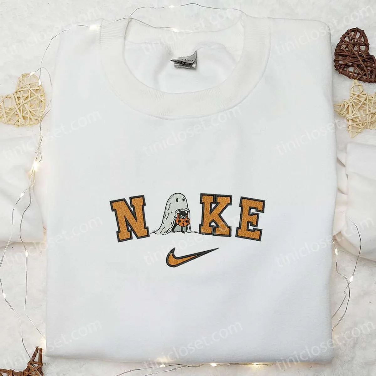 Nike x Ghost Pumpkin Halloween Embroidered Hoodie, Amazing Halloween Embroidered T-shirt, Nike Inspired Embroidered Sweatshirt