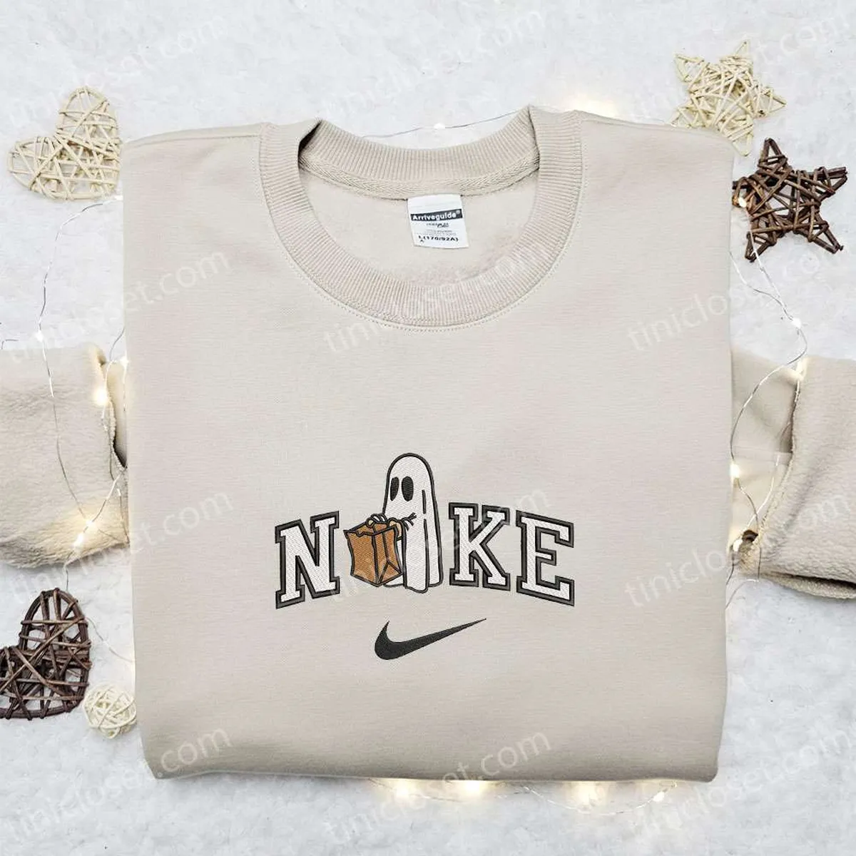 Nike x Ghost with Brown Bag Embroidered Sweatshirt, Spooky Embroidered Hoodie, Nike Inspired Embroidered T-shirt