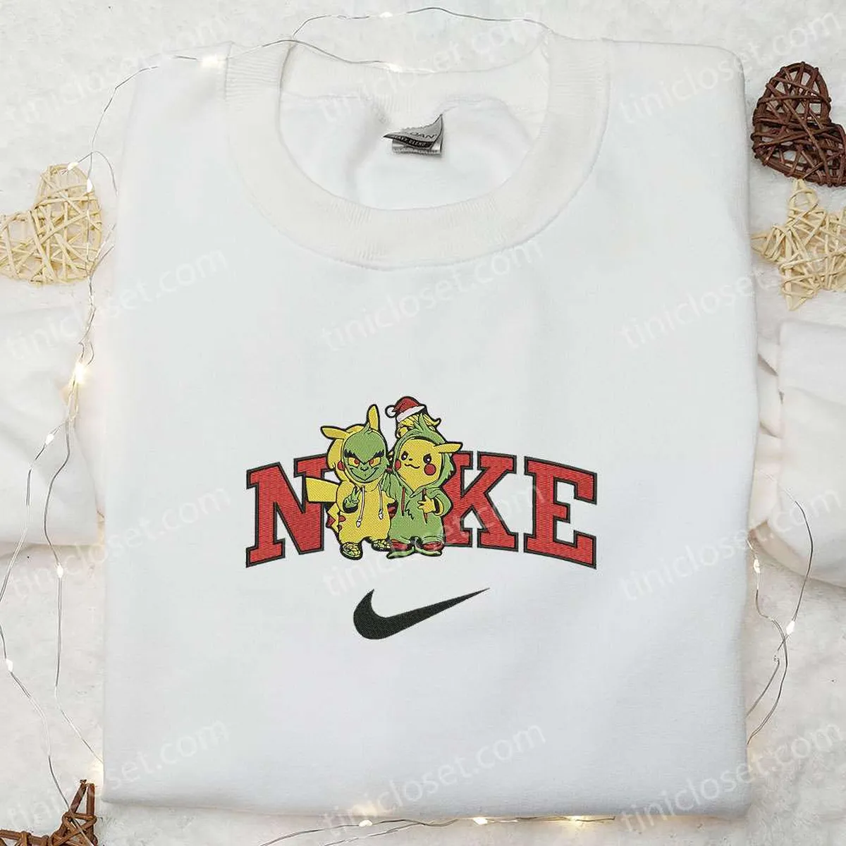 Nike x Grinch Pikachu Halloween Embroidered Shirt, Adorable Halloween Embroidered Shirt, Pokemon Embroidered Shirt