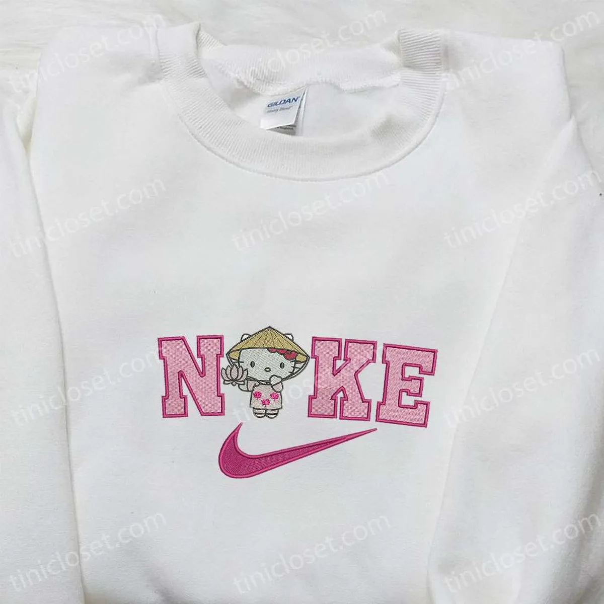 Nike x Hello Kitty Farmer Embroidered Shirt, Nike Inspired Embroidered Shirt, Cute Embroidered Shirt