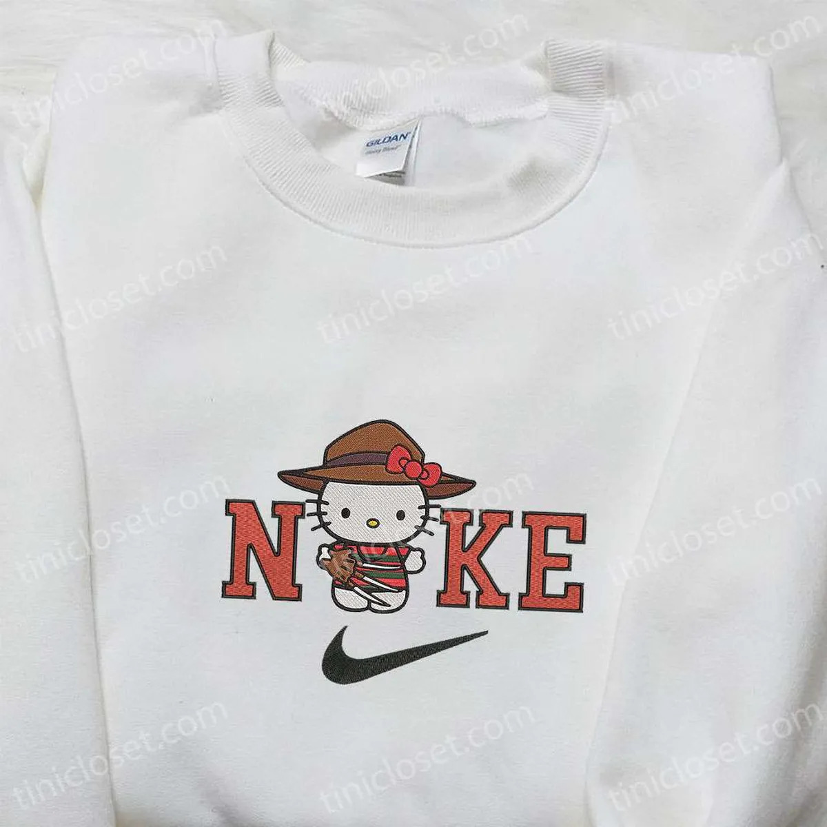 Nike x Hello Kitty Freddy Krueger Embroidered Sweatshirt, Spirit Halloween Embroidered T-shirt, Funny Halloween Embroidered Hoodie