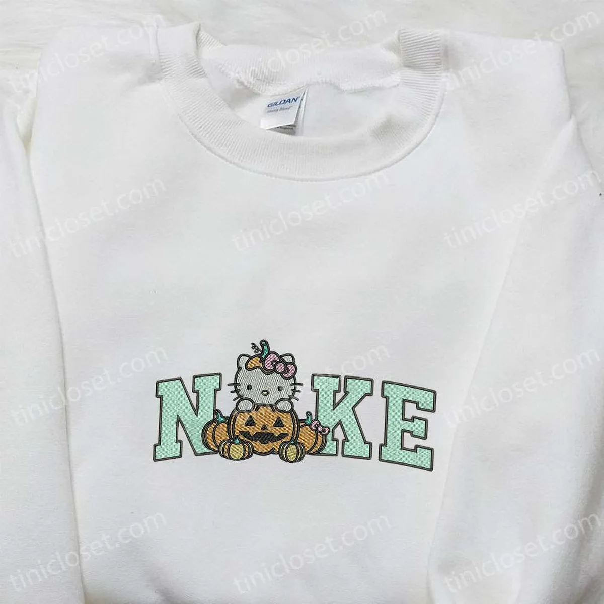 Nike x Hello Kitty Halloween Pumpkin Embroidered Shirt, Nike Inspired Embroidered Shirt, Cute Halloween Embroidered Shirt