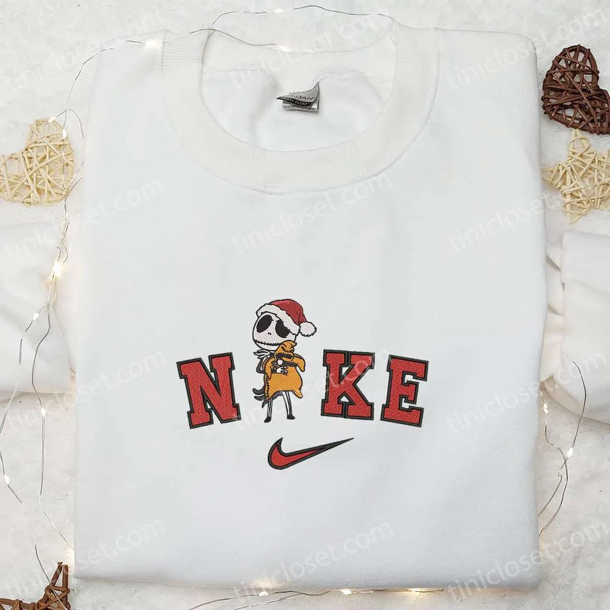 Nike x Jack Skellington Christmas Hat Embroidered Sweatshirt, The Nightmare Before Christmas Embroidered Hoodie, Nike Inspired Embroidered T-shirt