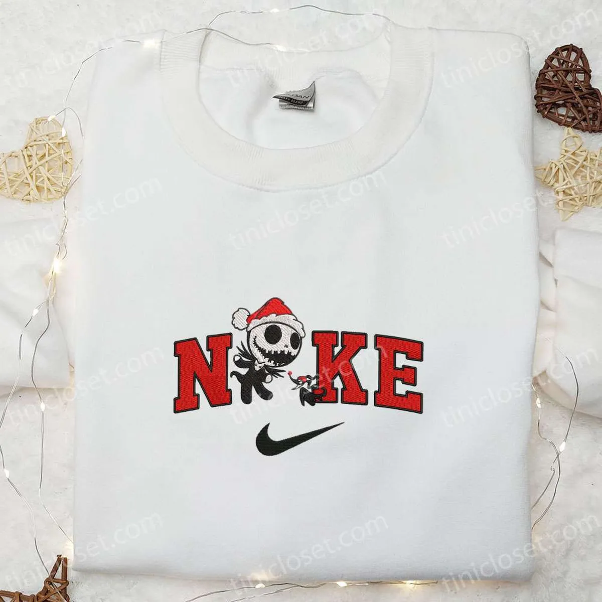 Nike x Jack Skellington with Christmas Hat Embroidered Sweatshirt, The Nightmare Before Christmas Embroidered Hoodie, Nike Inspired Embroidered T-shirt