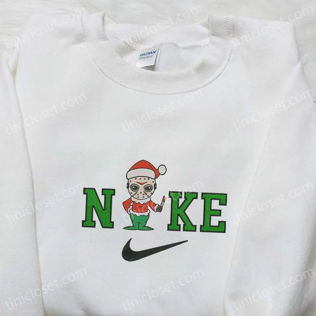 Nike x Jason Voorhees Christmas Hat Embroidered Sweatshirt, Horror Movie Characters Embroidered Hoodie, Best Christmas Gifts for Family