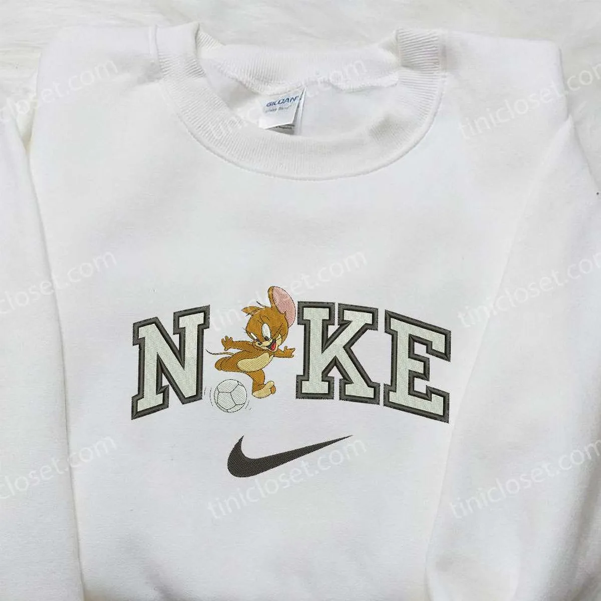 Nike x Jerry Playing Soccer Embroidered Shirt, Cartoon Embroidered Shirt, Nike Inspired Embroidered Shirt