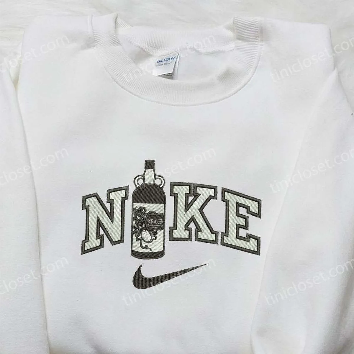 Nike x Kraken Rum Bottle Embroidered Shirt, Favor Drinking Embroidered Shirt, Custom Nike Embroidered Shirt