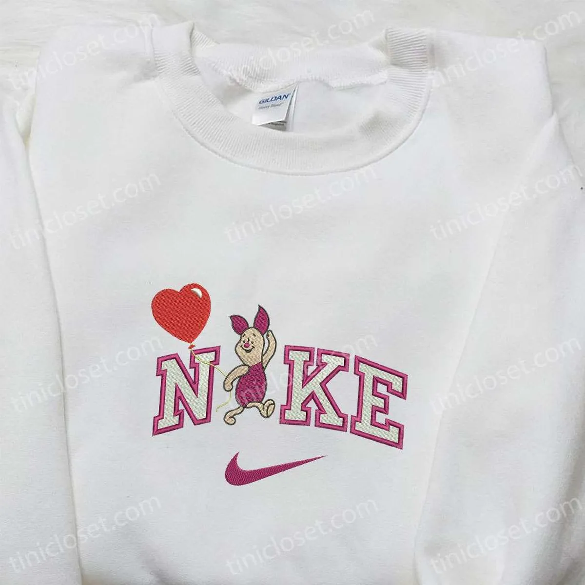 Nike x Piglet Balloon Cartoon Embroidered Shirt, Disney Characters Embroidered Shirt, Nike Inspired Embroidered T-shirt