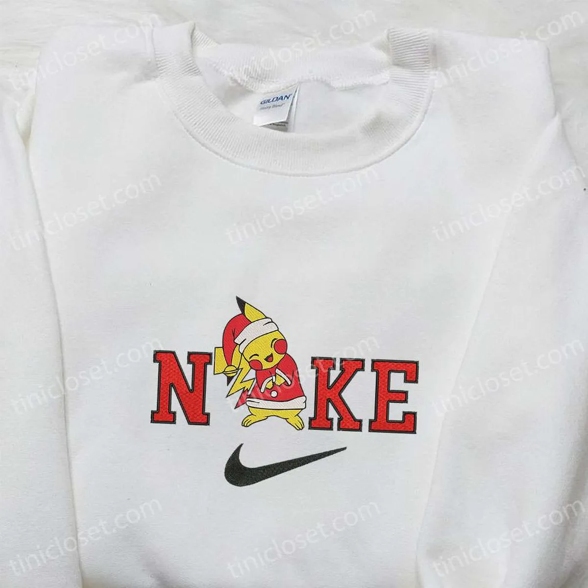 Nike x Pikachu Santa Claus Embroidered Shirt, Nike Anime Embroidered Sweatshirt, Pokemon Embroidered Hoodie