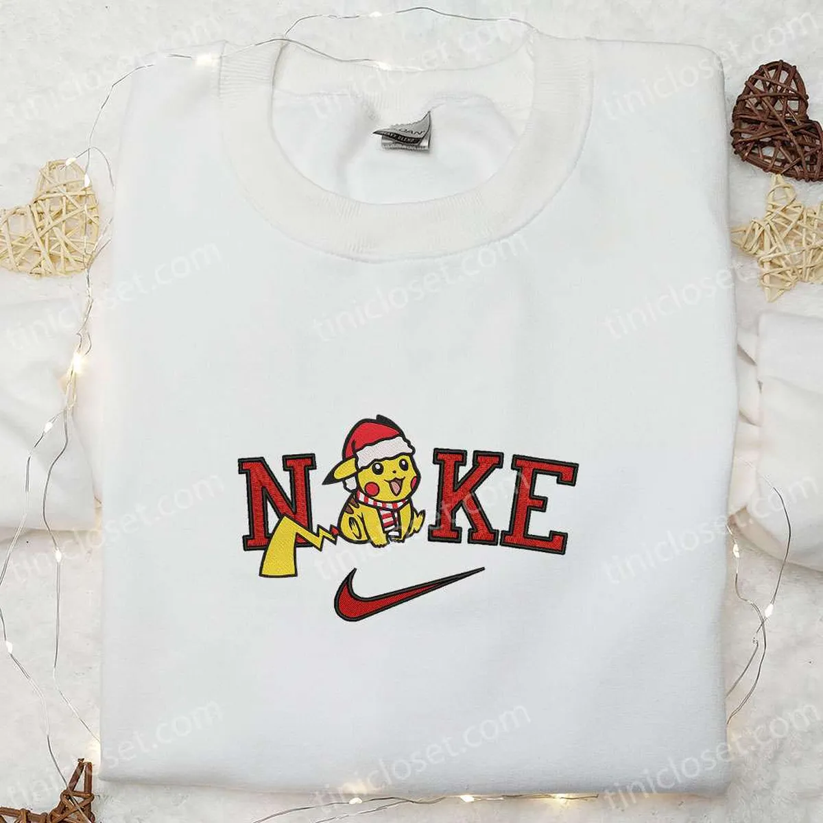 Nike x Pikachu with Santa Hat Embroidered Shirt, Nike Anime Embroidered Sweatshirt, Pokemon Embroidered Hoodie