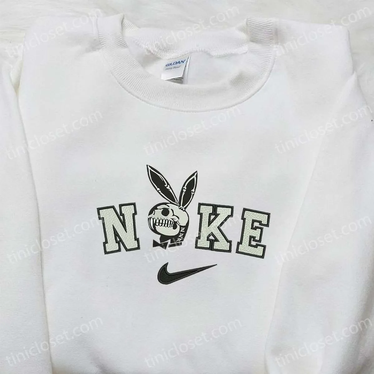 Nike x Playboy Bunny Skeleton Embroidered Shirt, Funny Halloween Embroidered Shirt, Nike Inspired Embroidered Shirt