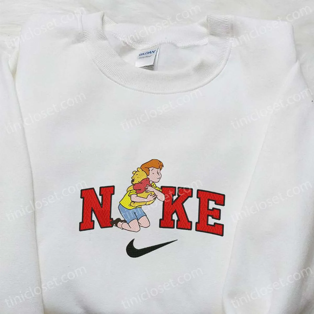 Nike x Pooh Hug Embroidered Hoodie, Disney Characters Embroidered Sweatshirt, Nike Inspired Embroidered Shirt