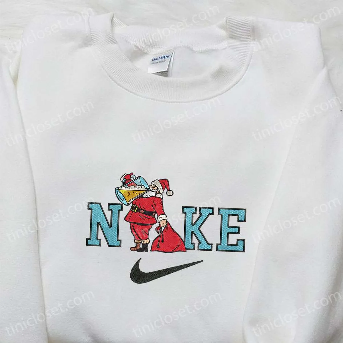 Nike x Santa Claus Drinking Beer Embroidered Hoodie, Christmas Embroidered Sweatshirt, Custom Nike Embroidered T-shirt