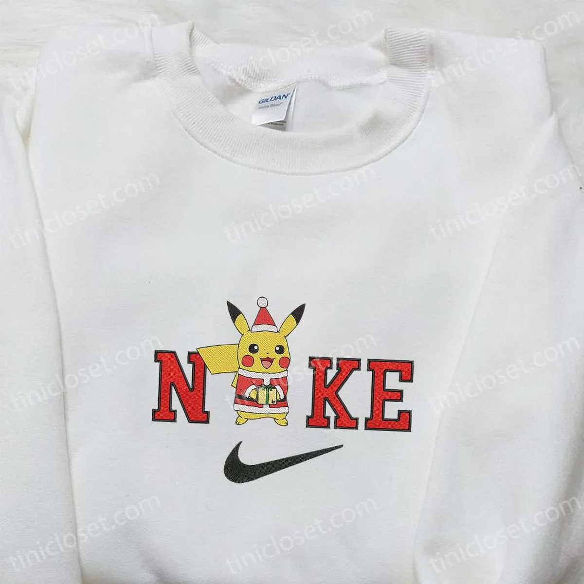 Nike x Santa Pikachu Embroidered Shirt, Nike Anime Embroidered Sweatshirt, Pokemon Embroidered Hoodie