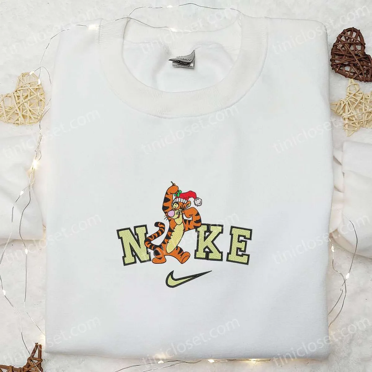 Nike x Santa Tigger Winnie The Pooh Embroidered Sweatshirt, Cartoon Characters Embroidered Shirt, Nike Inspired Embroidered Hoodie