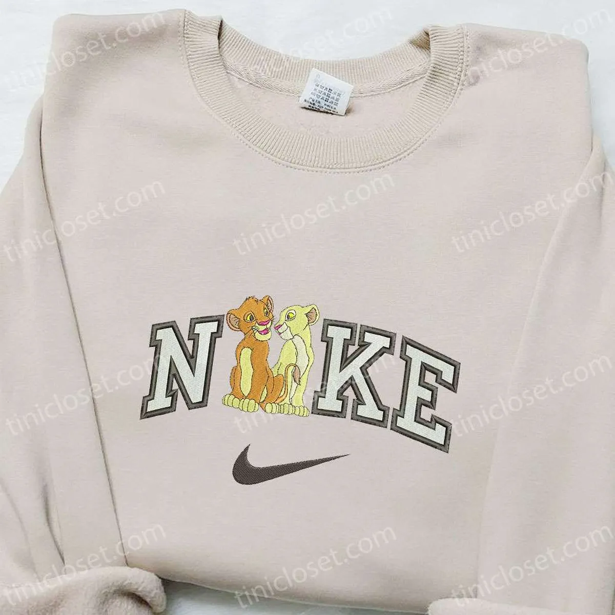 Nike x Simba and Nala Cartoon Embroidered Sweatshirt, Disney Characters Embroidered Hoodie, Custom Nike Embroidered T-shirt