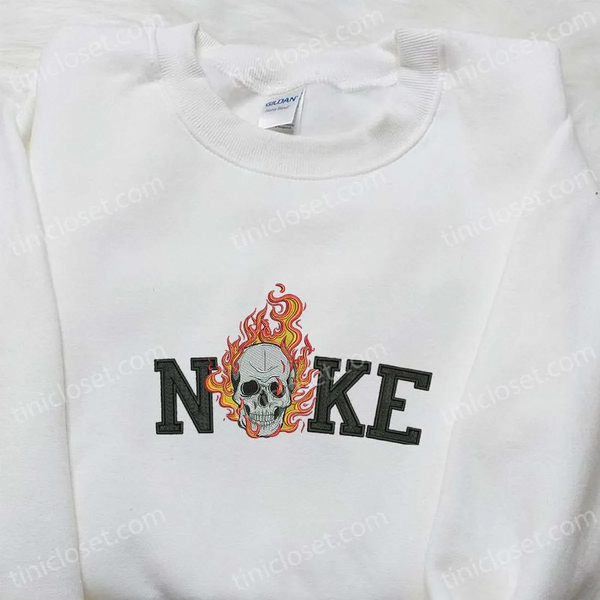 Nike x Skull on Fire Embroidered Shirt, Nike Inspired Embroidered Shirt, Best Gifts for Halloween Lovers