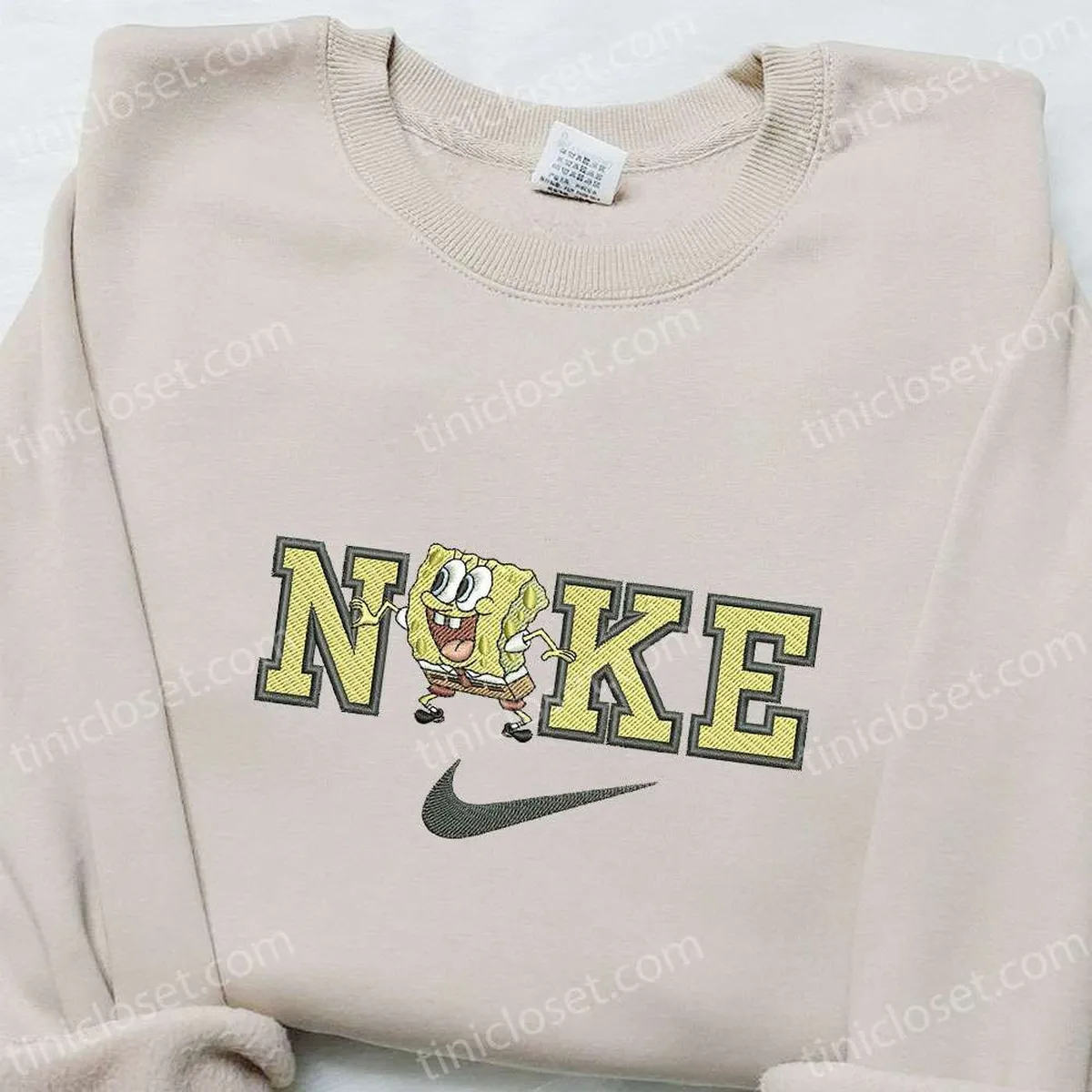 Nike x SpongeBob SquarePants Cartoon Embroidered Sweatshirt, Disney Characters Embroidered Hoodie, Custom Nike Embroidered T-shirt