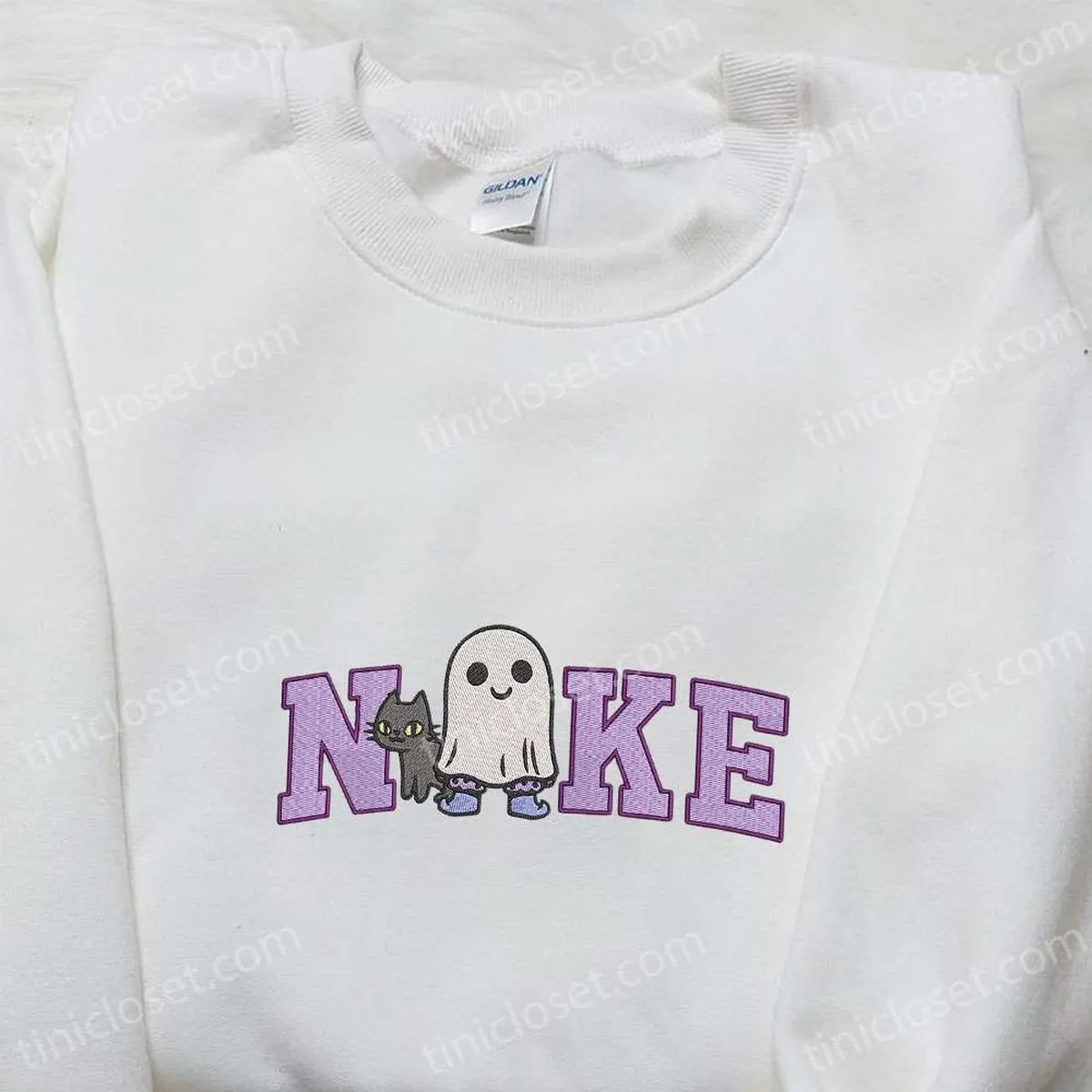 Nike x Spooky Ghost Halloween Cat Embroidered Shirt, Amazing Halloween Embroidered Shirt, Nike Inspired Embroidered Shirt