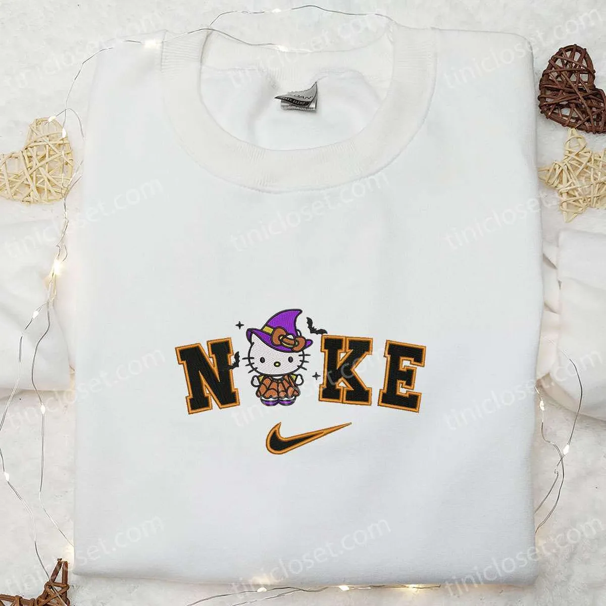 Nike x Spooky Witch Hello Kitty Embroidered Shirt, Nike Halloween Embroidered Sweatshirt, Cute Anime Embroidered Hoodie