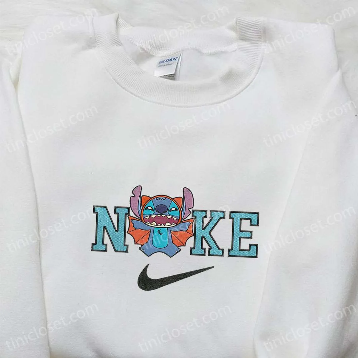 Nike x Stitch Bat Halloween Embroidered Shirt, Nike Inspired Embroidered Shirt, Cute Embroidered Shirt