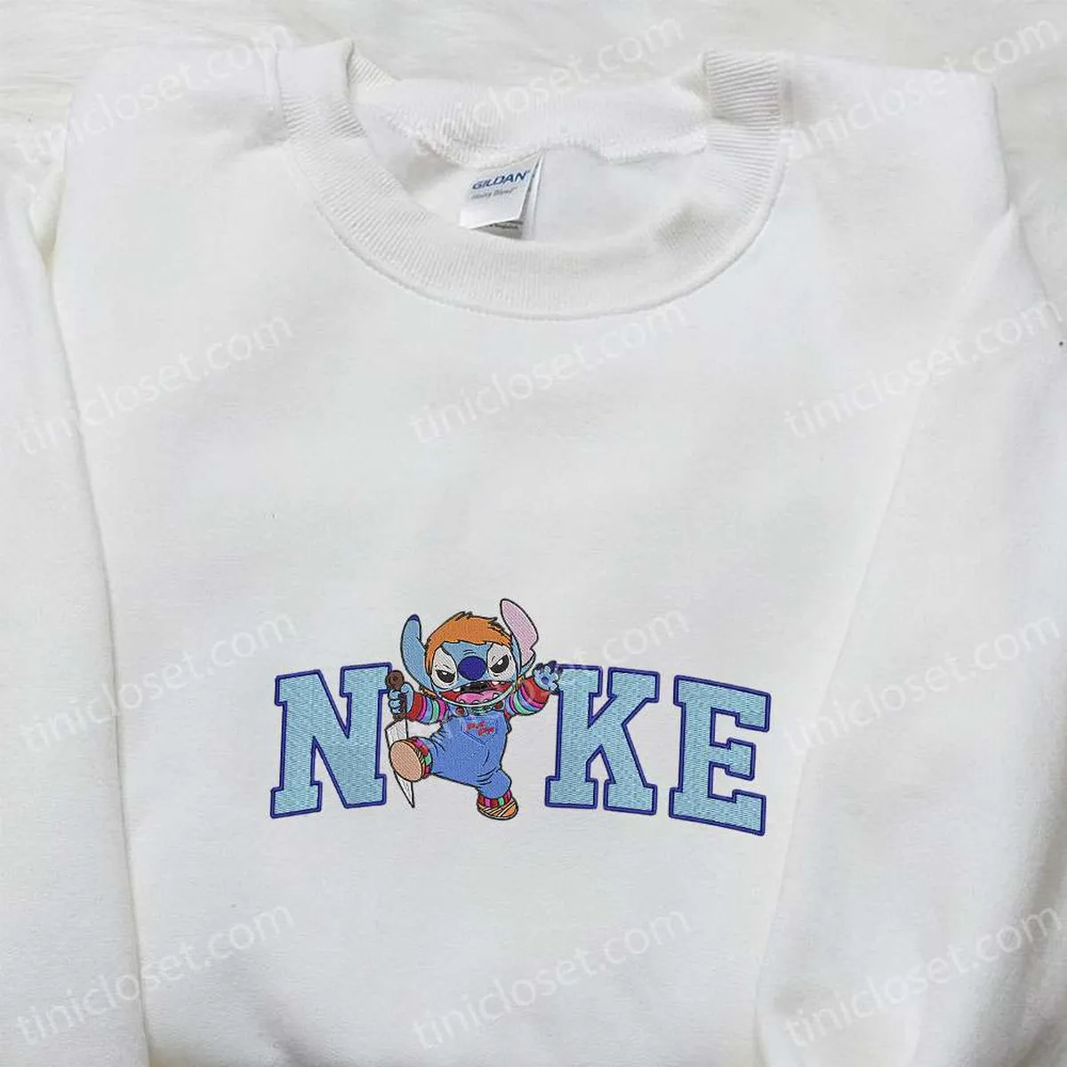 Nike x Stitch Chucky Embroidered Shirt, Funny Horror Movie Characters Embroidered T-shirt, Nike Inspired Embroidered Sweatshirt