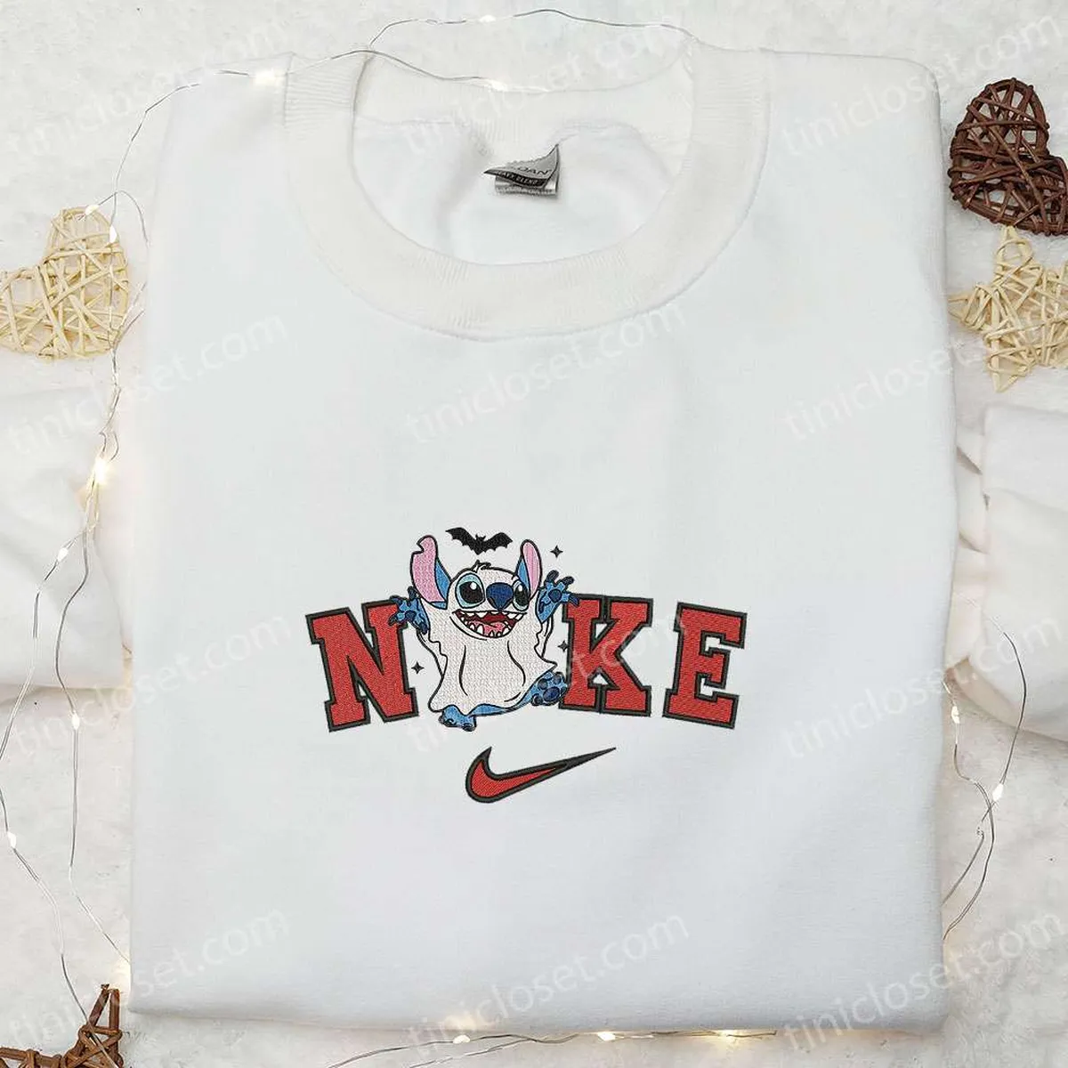 Nike x Stitch Cute Ghost Embroidered Shirt, Halloween Embroidered Sweatshirt, Disney Characters Embroidered T-shirt