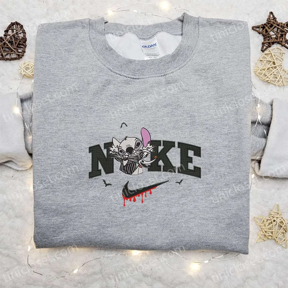 Nike x Stitch Jack Skellington with Zero Embroidered Shirt, The Nightmare Before Christmas Characters Embroidered T-shirt, Nike Inspired Embroidered Sweatshirt