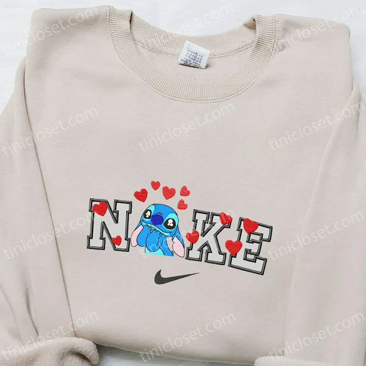 Nike x Stitch Love Cartoon Embroidered Shirt, Nike Inspired Embroidered T-shirt, Best Gift Ideas for Family