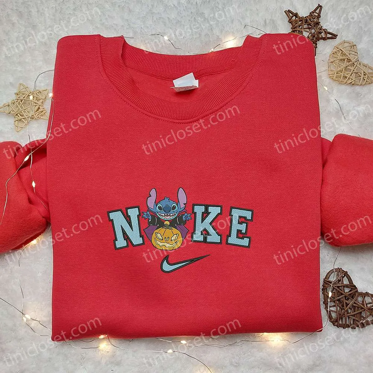 Nike x Stitch Vampire Pumpkin Embroidered T-shirt, Nike Inspired Embroidered Sweatshirt, Best Gifts for Family Nike x Stitch Vampire Pumpkin Embroidered T-shirt, Nike Inspired Embroidered Sweatshirt, Best Gifts for Family