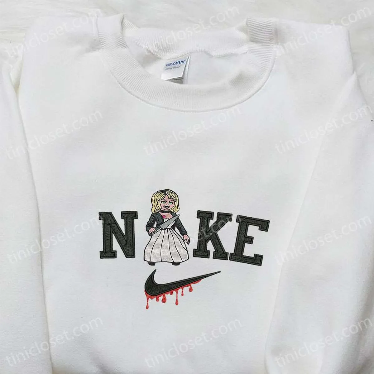 Nike x Tiffany Valentine Embroidered Sweatshirt, Bride of Chucky Embroidered Hoodie, Horror Movie Characters Embroidered T-shirt