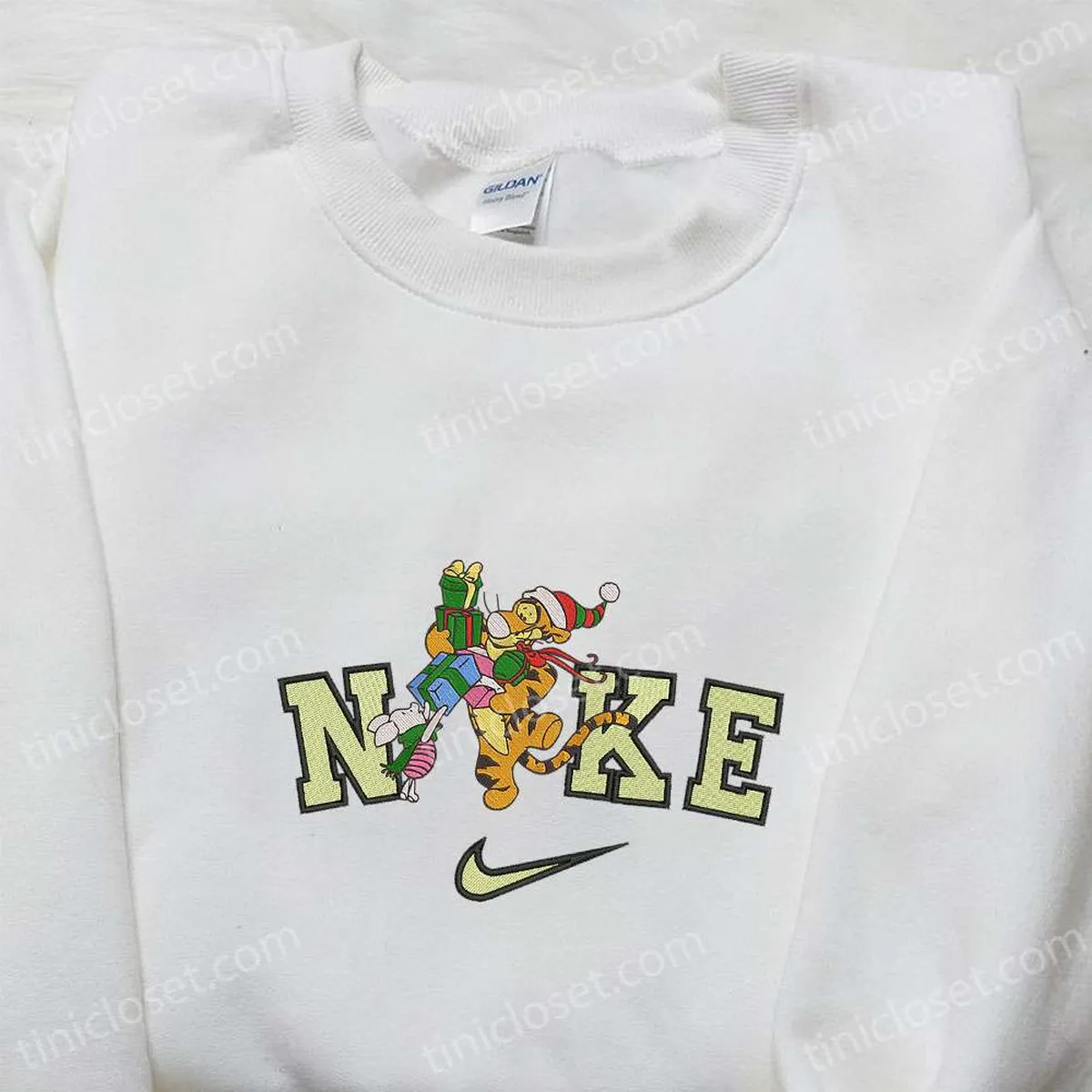 Nike x Tigger Piglet Santa Gifts Embroidered Sweatshirt, Winnie The Pooh Characters Embroidered Shirt, Nike Inspired Embroidered Hoodie