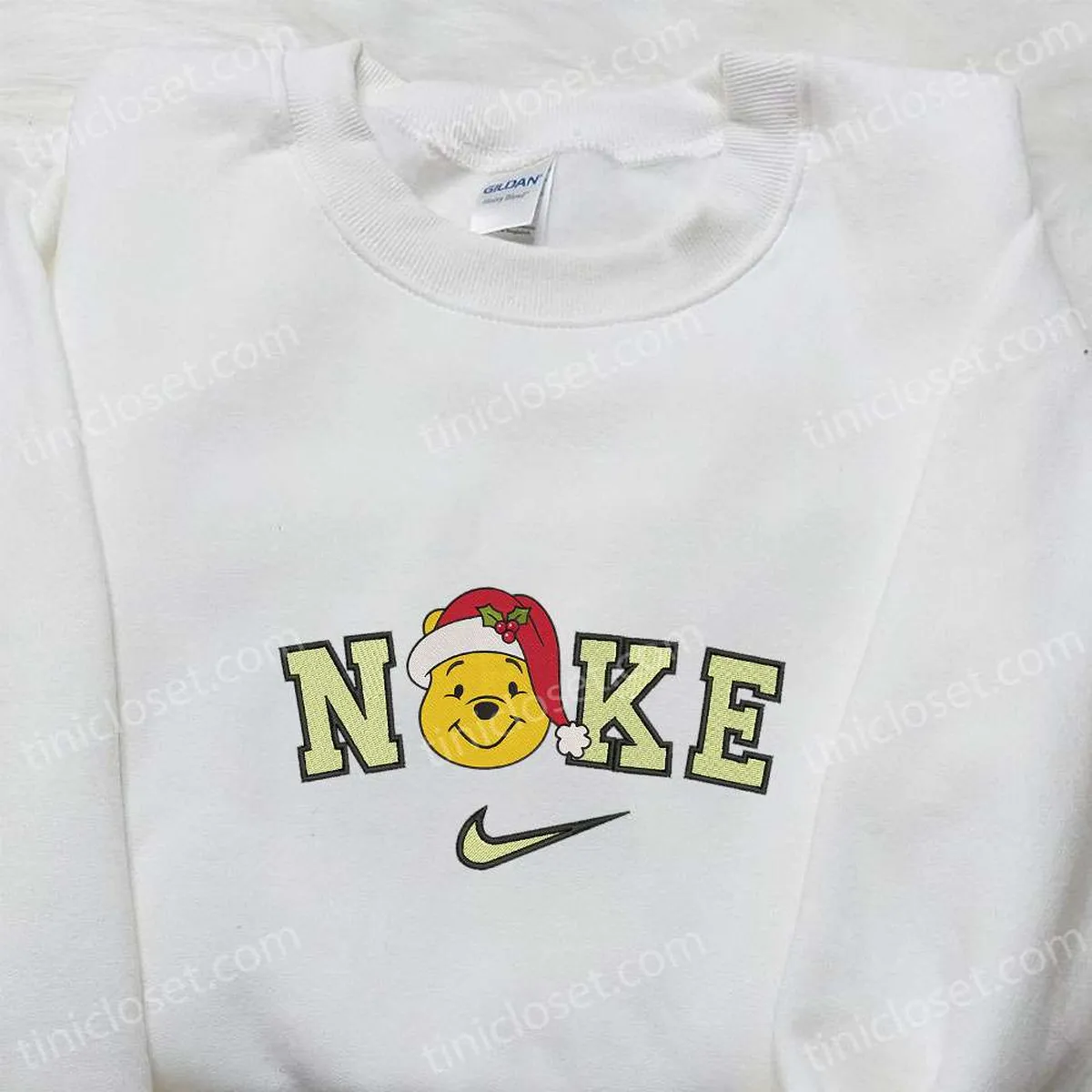 Nike x Winnie the Pooh Santa Hat Embroidered Shirt, Disney Embroidered Hoodie, Family Christmas Sweatshirts